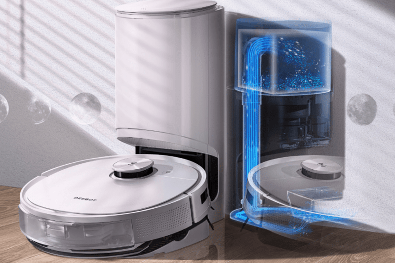 Die Funktionsweise der Absaugstation des Ecovacs Deebot T9+ wird dargestellt